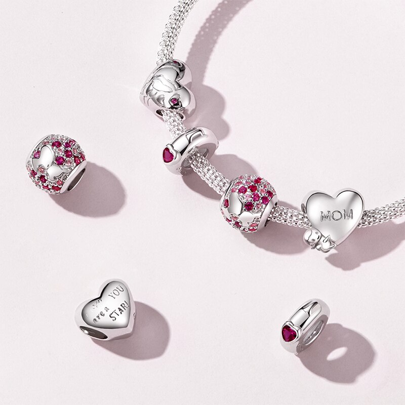 Mowimo mamma mamma hjärta berlocker passar original silver armband 925 sterling silver rosa cz pärla hänge diy halsband smycken