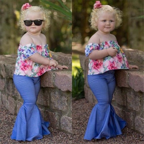 Småbarn barn baby flicka jeans hög midja utsvängda vida ben byxor bell bottoms byxor blå: 6