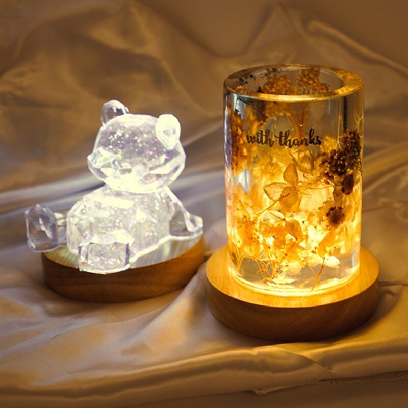 Håndlavet Resin Kunst Mini Tynd LED Træ Display Base Rund Træ Nat Base Resin Ornament Stand DIY Håndværk