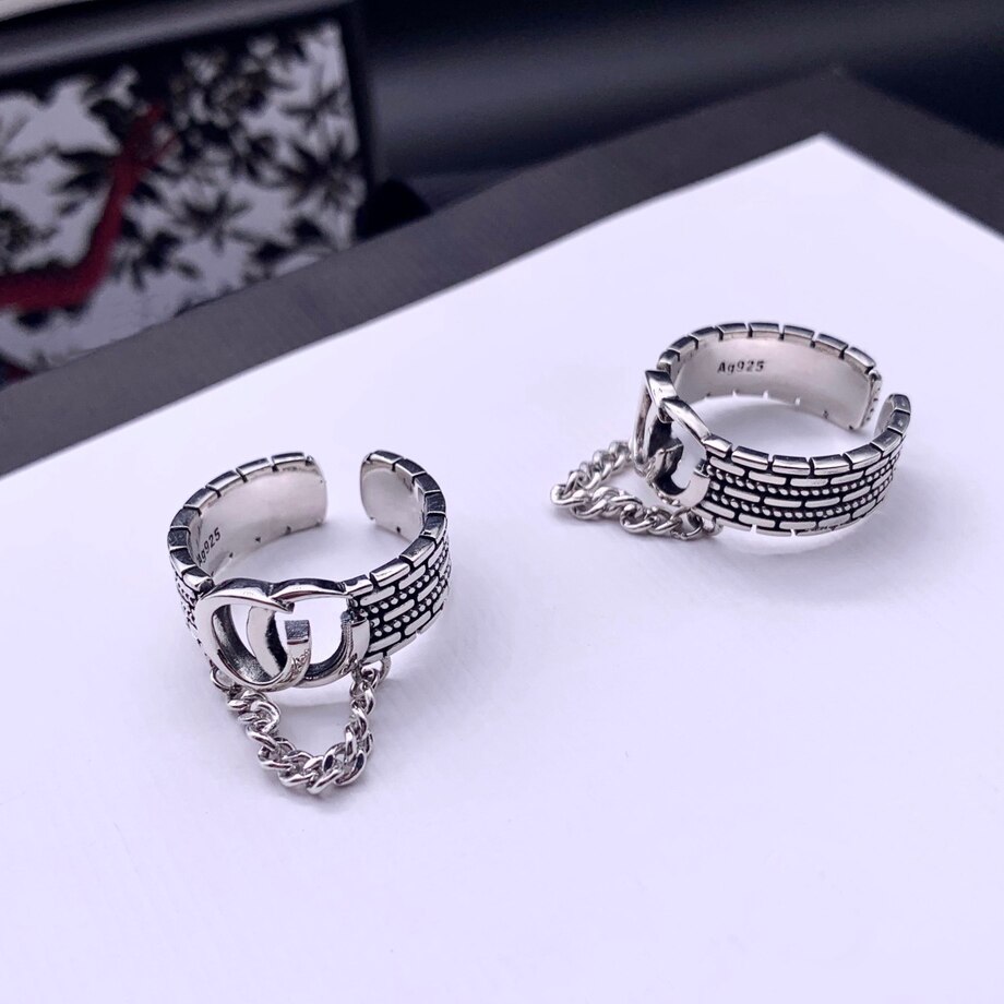 Luxus Geschnitzte Streifen doppel G Quaste Kette 925 Sterling Silber Offenen Ring Jahrgang männer der Ring Feine schmuck