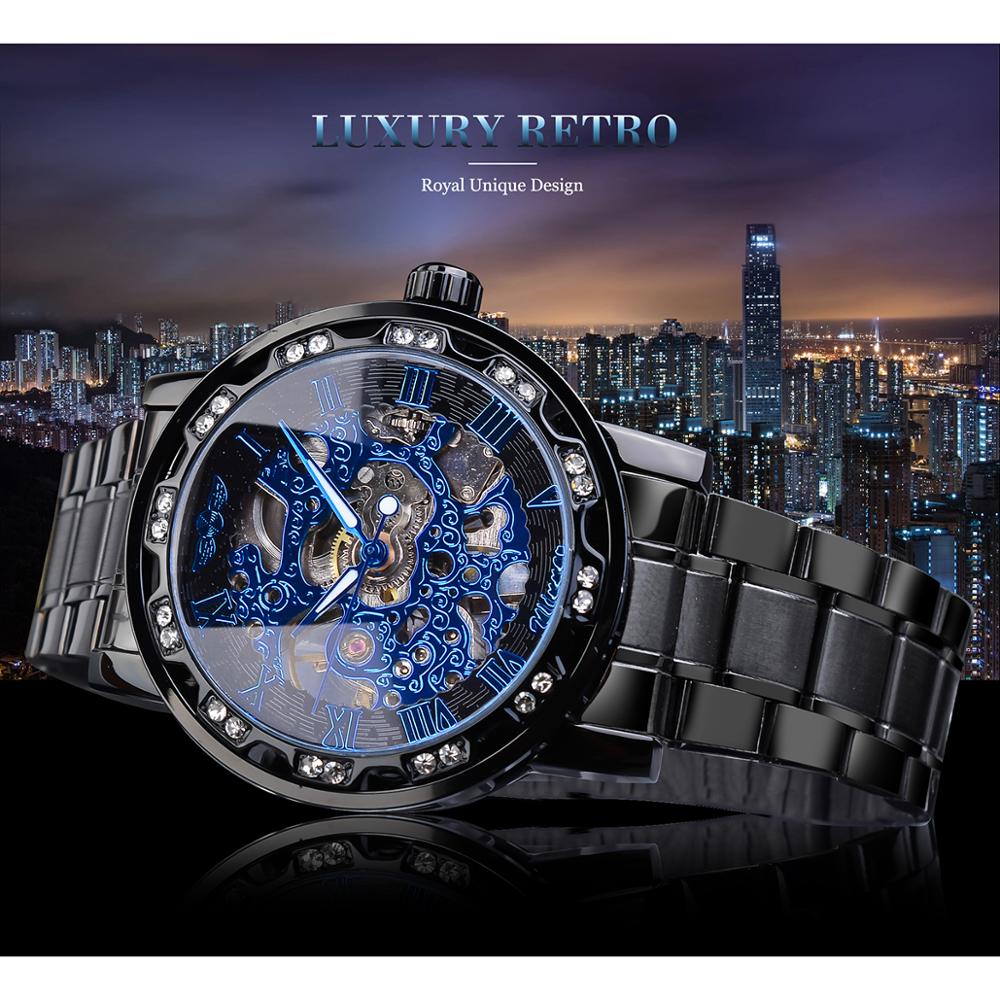 Winnaar Classic Blue Mens Mechanische Horloges Romeinse Zwart Roestvrij Stalen Band Rhinestone Skeleton Hand Wind Bedrijvengids Horloge Klok