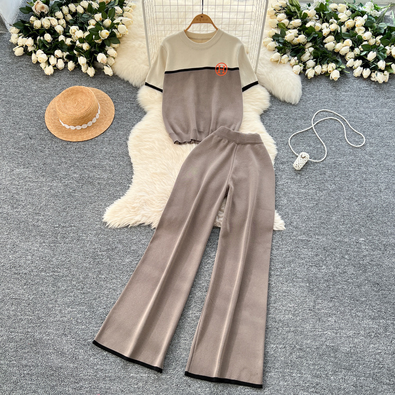 2-- delt sæt til kvinder forår sommer strik sweater matchende sæt ærmeløs top vide ben bukser sæt outfit: Khaki