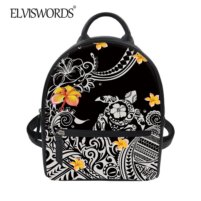 ELVISWORDS Frauen Mini PU Rucksack Polynesian Stamm Druck Weibliche Schulter Pack Luxus Reißverschluss Reise Schwarz Leder Tasche: HTAE790Z4