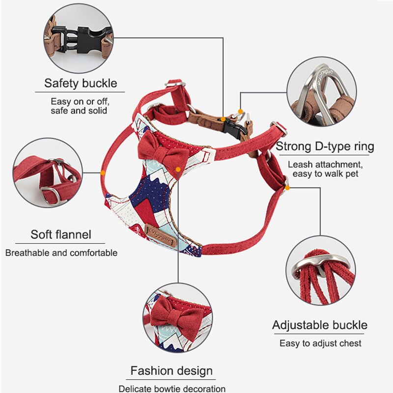 Printed Small Dog Harness Vest with Bowtie Soft Padded for Puppy Pet Dog Walking Training Harness Yorkshire Chihuahua Accesorios