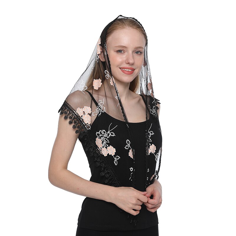 Lenço feminino triangular xale de renda para igreja, véu transparente bordado espanhol de renda para igrejam: 10