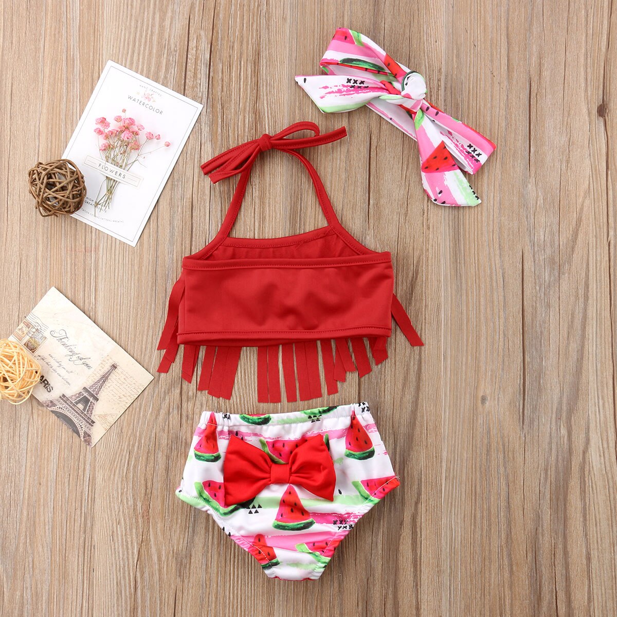 Gloednieuwe 3 Stks Peuter Pasgeboren Baby Meisjes Kwastje Badmode Baden Bikini Set Outfits Badpak Watermeloen Bikini Set