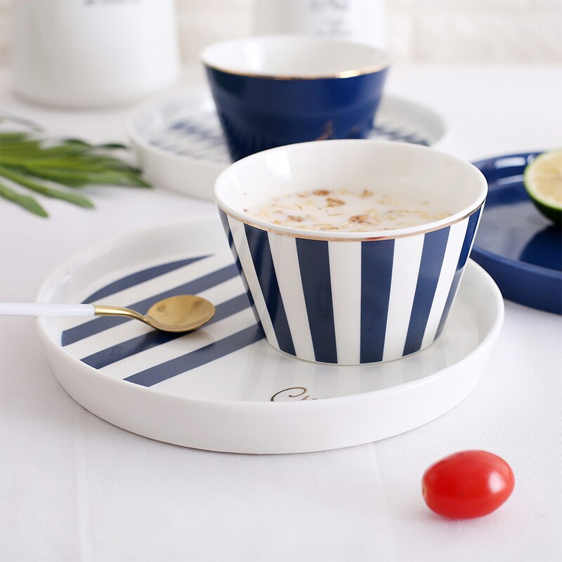 Nordic Blue White Stripes Ceramic Tableware Set Western Food Plate Bowls Breakfast Dish Salad Bowl Rice Bowl Dishes