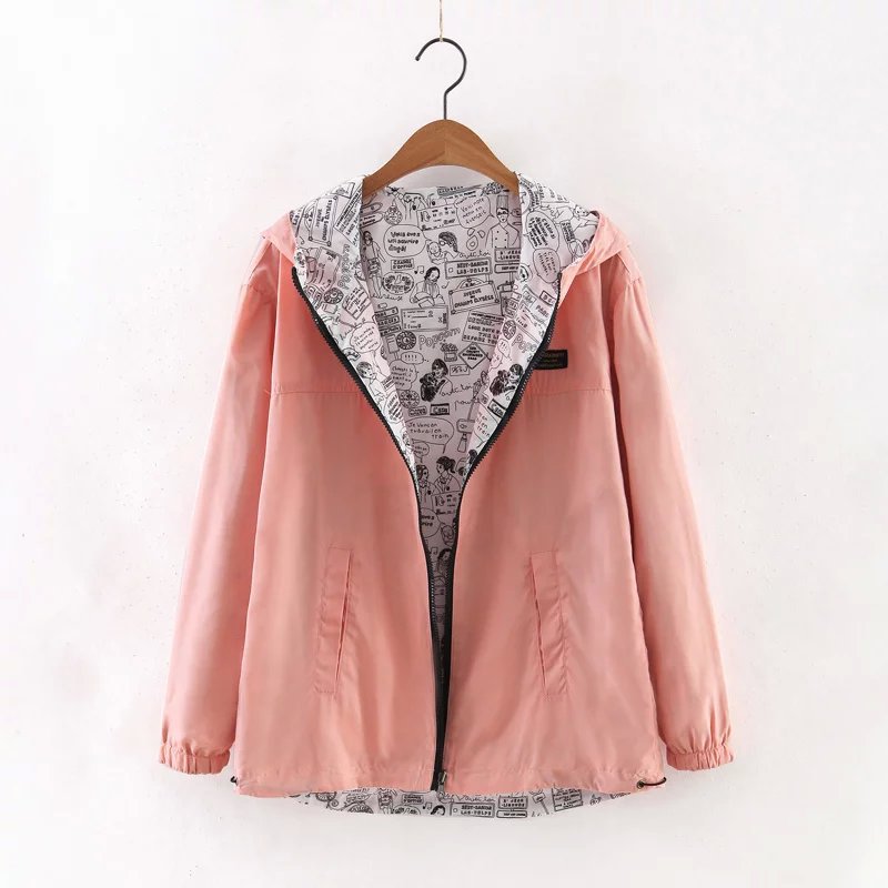 Lente Herfst Vrouwen Jas Coat Pocket Rits Hooded Twee Side Wear Cartoon Print Uitloper Losse Plus Size: Roze / S