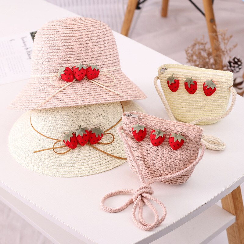 bonnet bebe fille Ensemble chapeau et sac en paille ondulé à la fraise pour fille, 2 pièces, accessoires de protection solaire pour enfants de 3 à 8 ans, printemps et été