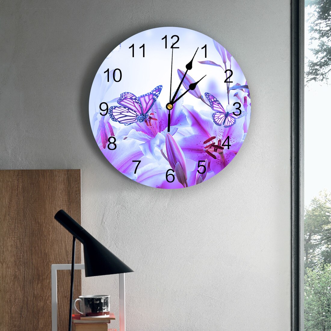 Lila fjäril lilja blomma pvc väggklocka vardagsrum sovrum vägg digital klocka heminredning väggklocka modern