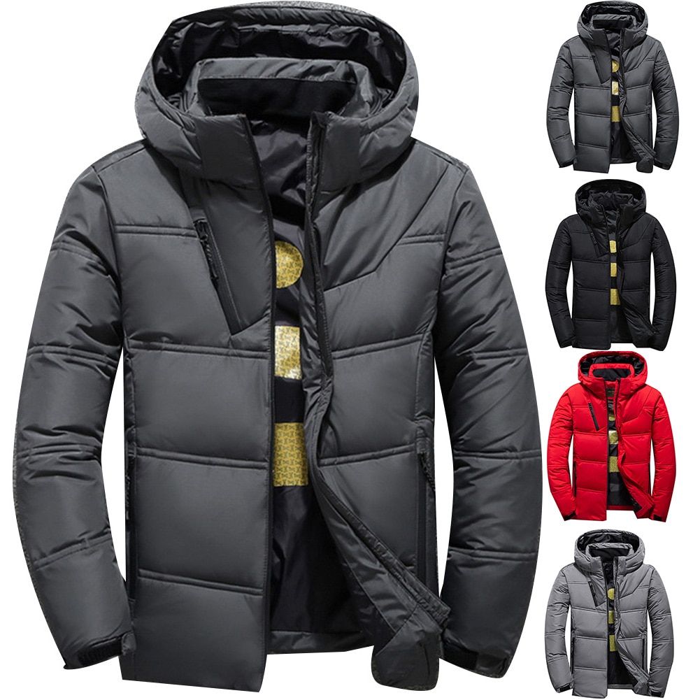 Men's Winter Solid Color Zipper Warm Hooded Down Jacket Outdoor Sport Parka Coat