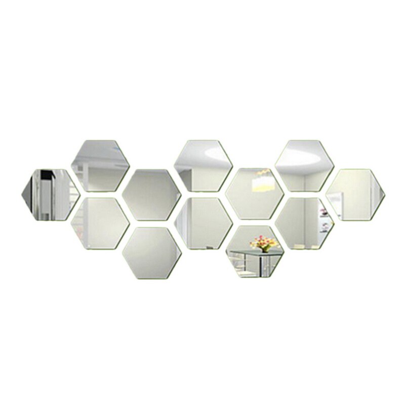 12 kpl/sarja tee itse 3d peili seinätarra kuusikulmio kodin sisustus peili sisustustarrat taide seinäkoristeet tarrat moniväriset: Hopea / 46 x 40 x 23mm