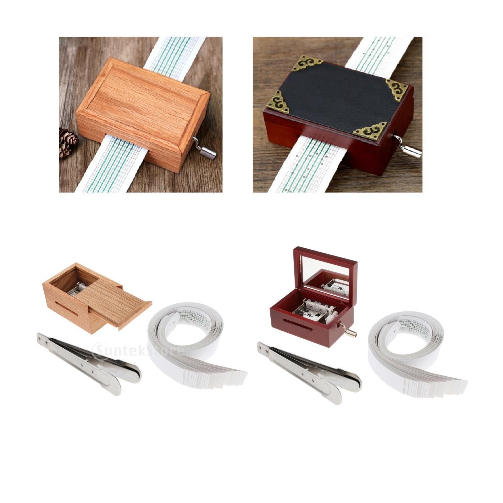 15 Tone Wooden Hand Crank Music Box with Hole Puncher, Music Paper Tape and Blank Paper, Musical for Kids Adult