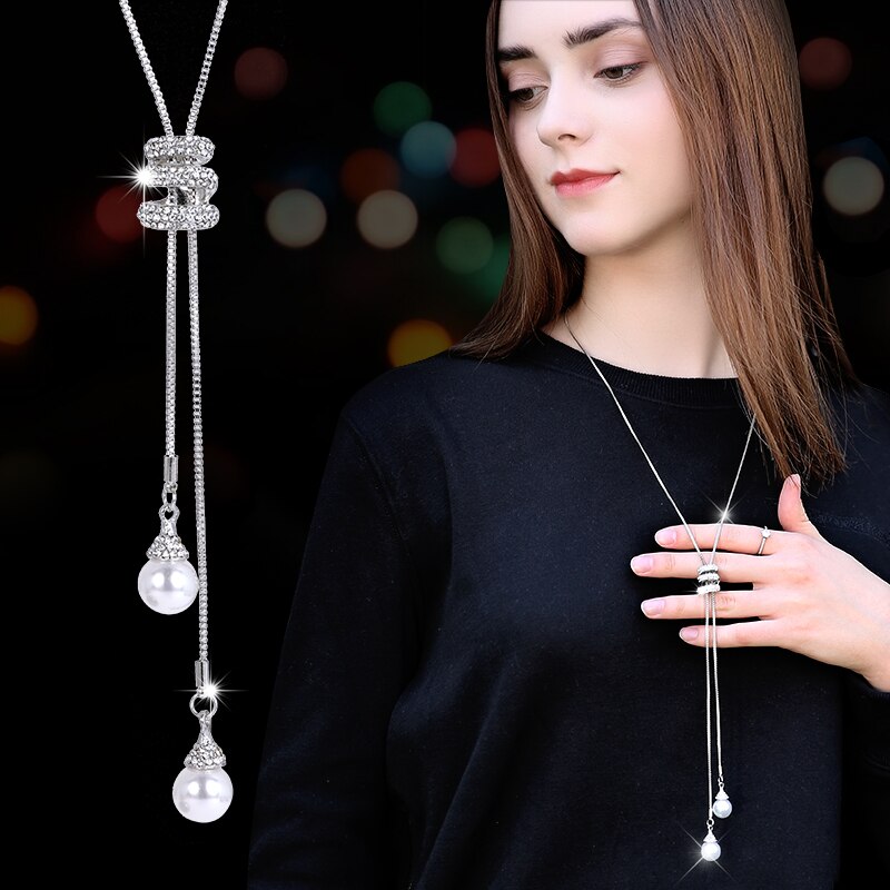 Simulated Pearl Snake Crystal Long Sweater Chain Necklace Vintage Accessary Crystal CollaresStatement Necklace: Silver Plated