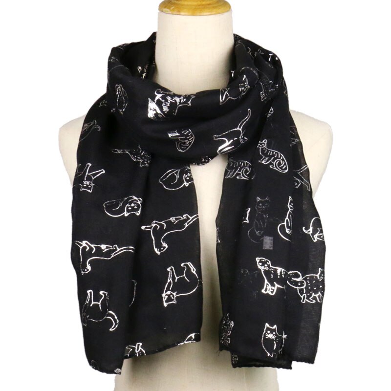Winfox Ladies Cute Cat Foil Print Scarf Wrap shawl Travel Women Female Black Navy Scarf Autumn Winter Shawls hijab