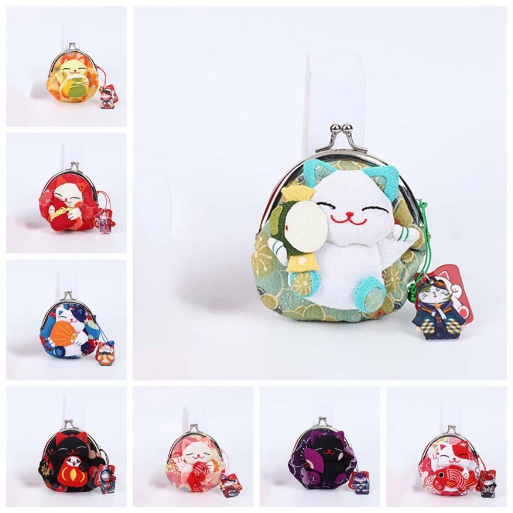 Retro Japanese Style Maneki Neko Coin Purse Doll Flower Printing Lucky Cat Clutch Bag Storage Bag Wallets Card Holder Women