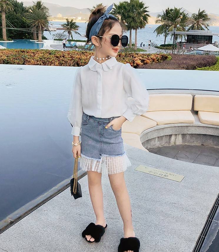 Sommer børn piger blå denim splejsning blonder mini nederdel korte jeans nederdele knælang nederdel børnetøj 4-9t