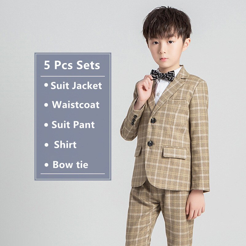 Ragazzi Plaid Suit Jacket bambini smoking abito formale abiti set bambino matrimonio mattina cappotto anello portatore blazer gilet pantaloni costumi: 5 Pcs Sets / 100