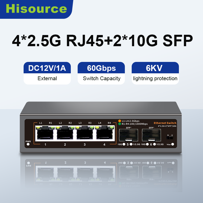 Switch Ethernet Hisource a 4 Porte 2.5G Non Gestito con 2 Porte SFP+ 10G, Plug and Play