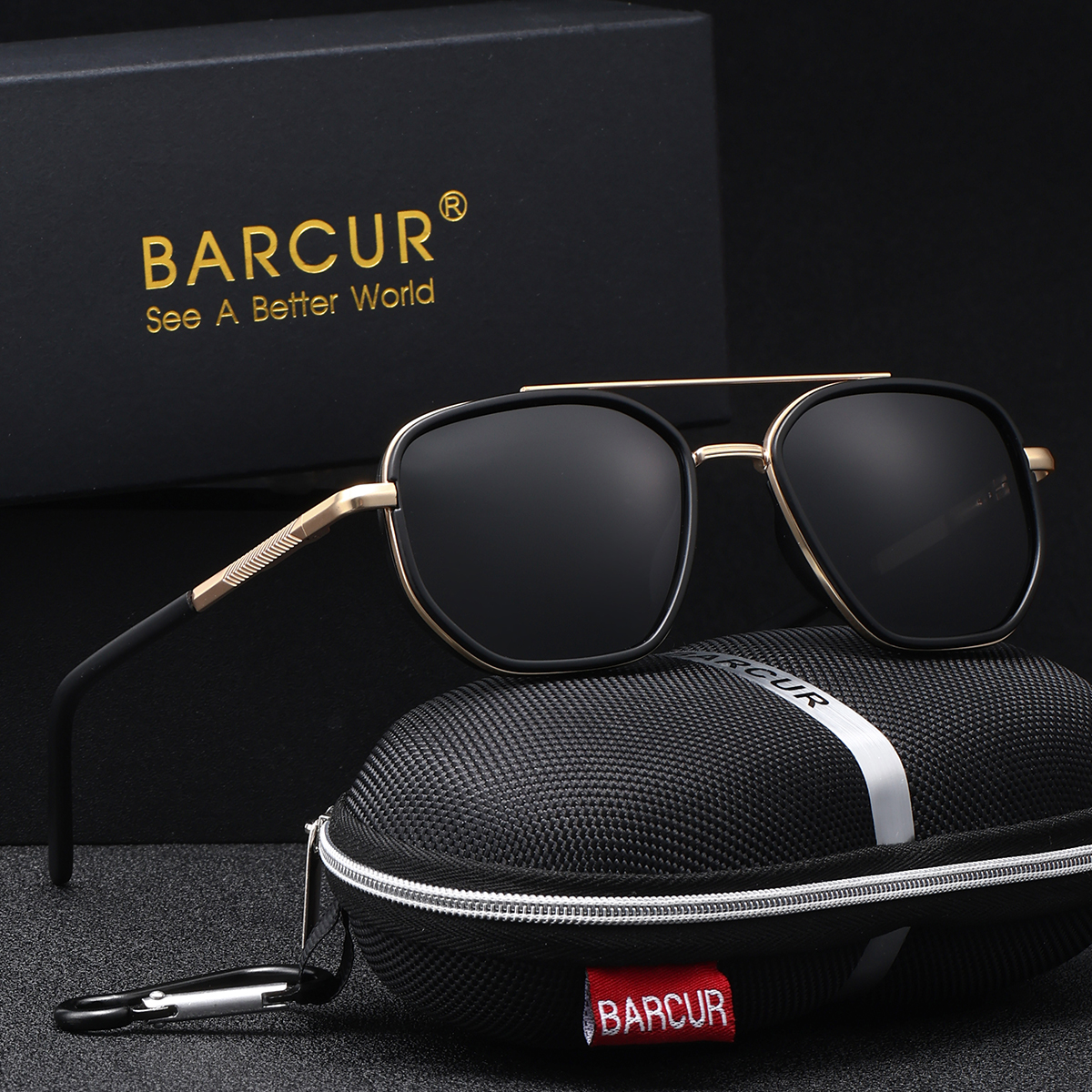 BARCUR Gafas de sol para hombre con montura poligonal, lentes TAC, de rayas gruesas y delicadas, gafas de sol polarizadas para conducir al aire libre UV400: Oro