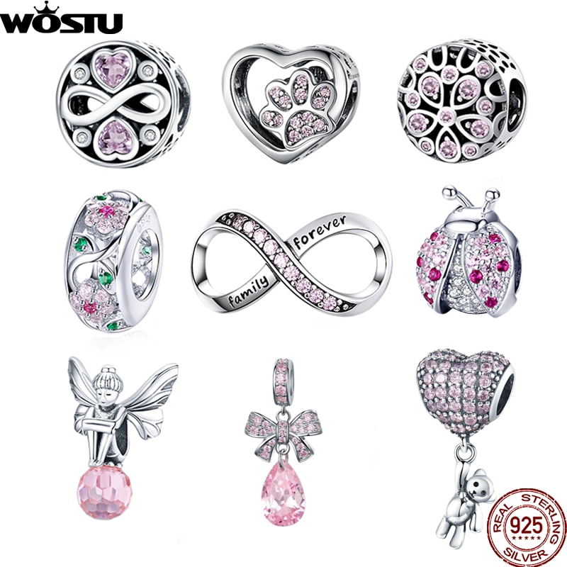 WOSTU autentico 100% argento Sterling 925 zircone rosa perline di cristallo fascino misura originale ciondolo braccialetto argento 925 creazione di gioielli