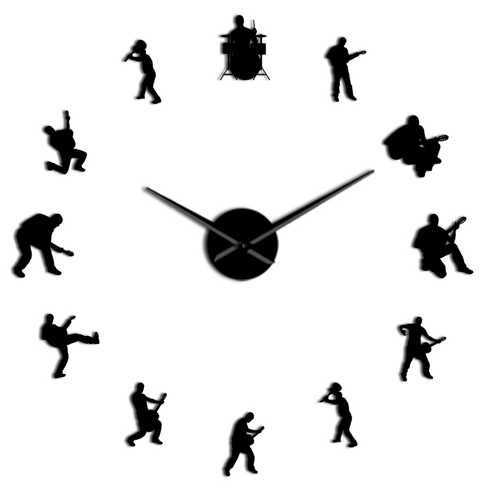 Moderne Musik Band 3D Stumm DIY Wanduhr Trommel einstellen Gitarre Spieler Heimat Zauberstab Dekor selbst Klebstoff Acryl Spiegel Wirkung uhr Uhr: Schwarz / 27Zoll