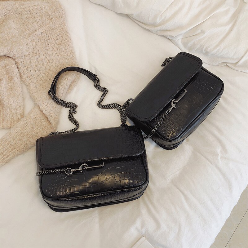 Rétro carré sac à bandoulière nouvelle en cuir PU femmes sac à main Crocodile motif chaîne épaule sac de messager: 25 CM Black