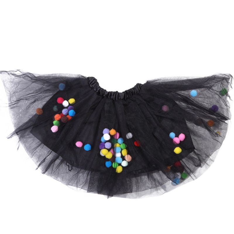 Kids Girls Ballet Layered Fluffy Tulle Tutu Skirt with Rainbow Pom Pom Puff Ball: Black