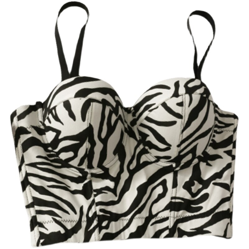 Gyaru Zebra Print Studded Zip-Up Ruched Strapless Corset Top