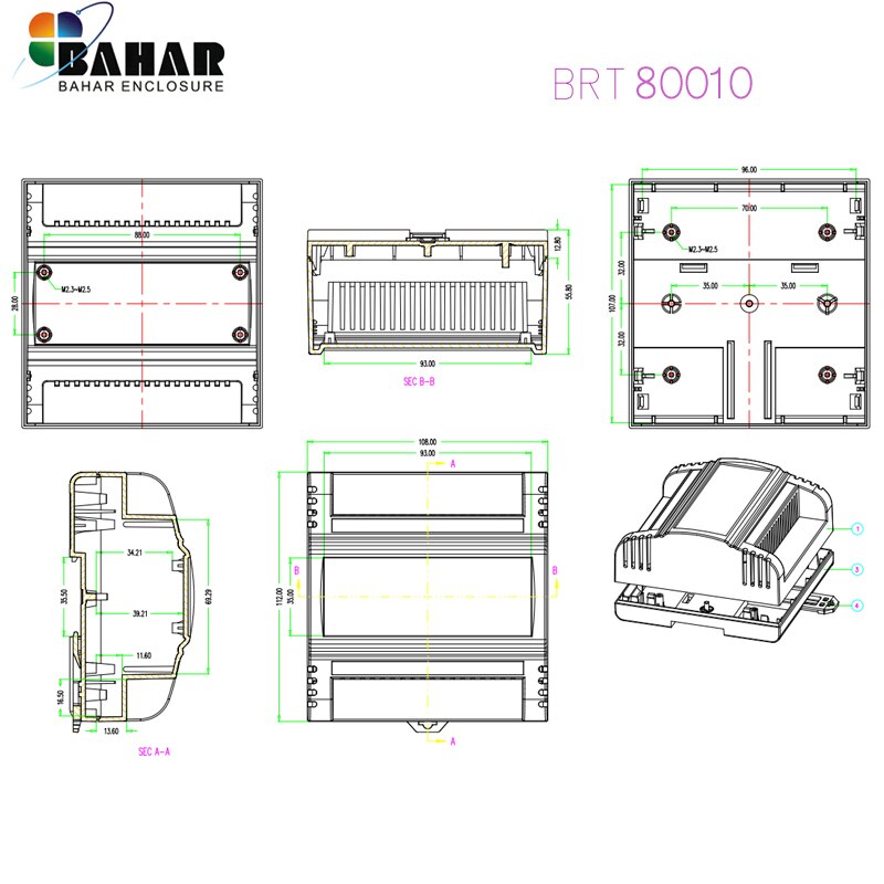 electronics din rail enclosures fire resistant din rail box for pcb housing diy PLC box BRT80010-A1 108*112*55.8mm