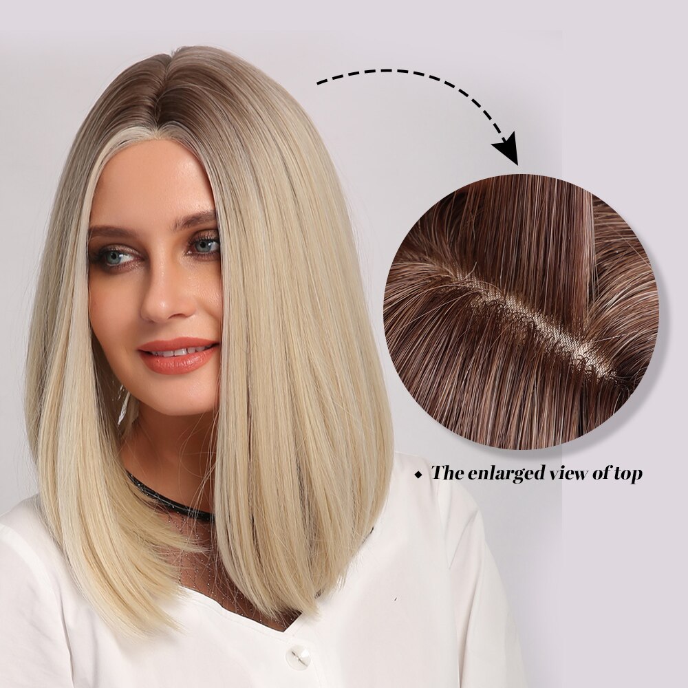 GEMMA Medium Straight Synthetic Wigs Ombre Black Brown Blonde White Highlight Wigs Middle Part Hair for Women Heat Resistant