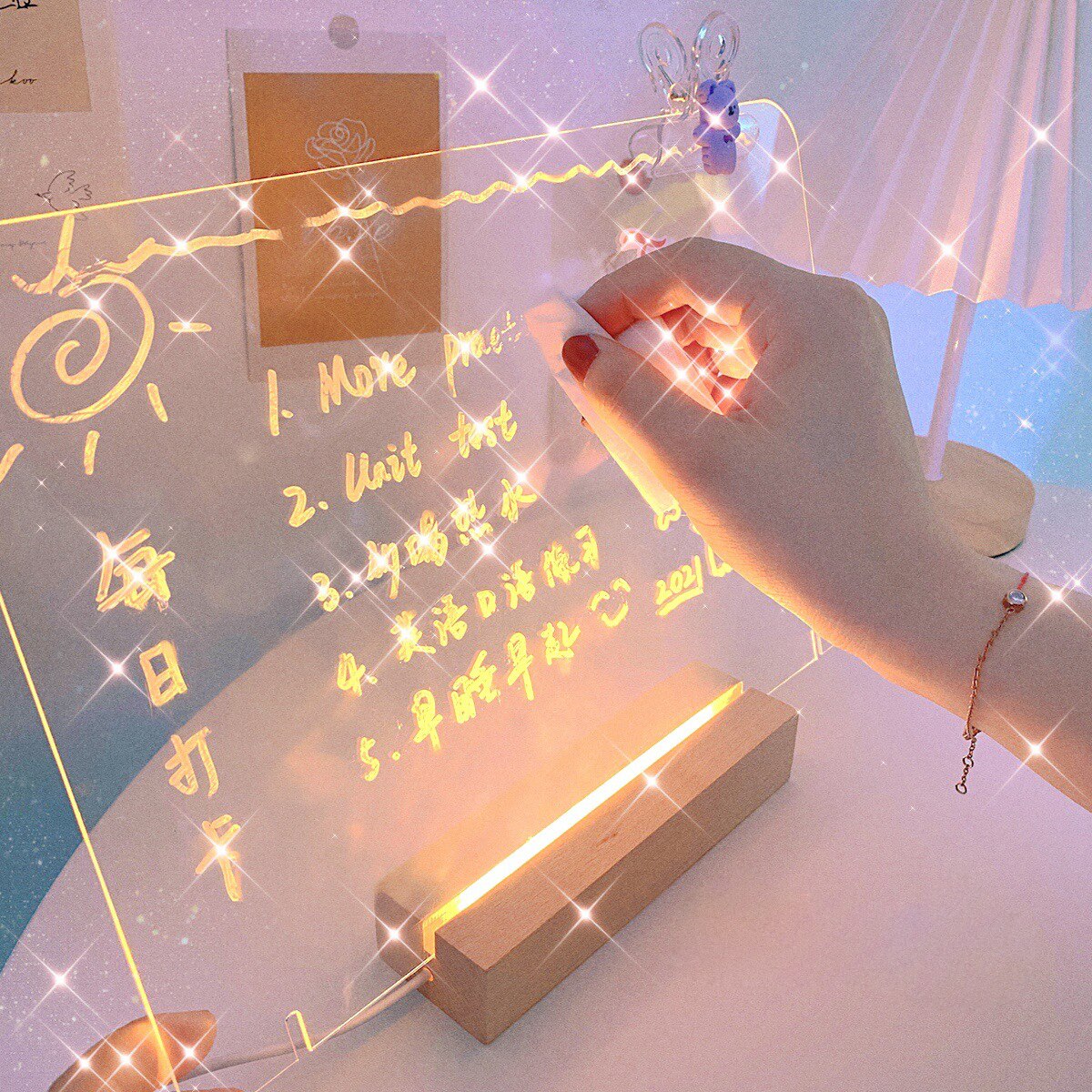 Acrylic Note Board Usb Memo Message Board For Sticky Notes Name Card Phone Holder Desktop Decoration Night Light