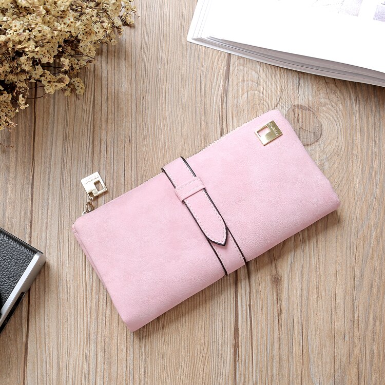 Leer Rits Lange Vrouwen Portefeuilles Effen Trekkoord Nubuck Luxe Portemonnee Portemonnee Kaarthouder Clutch Billetera Mujer: Pink