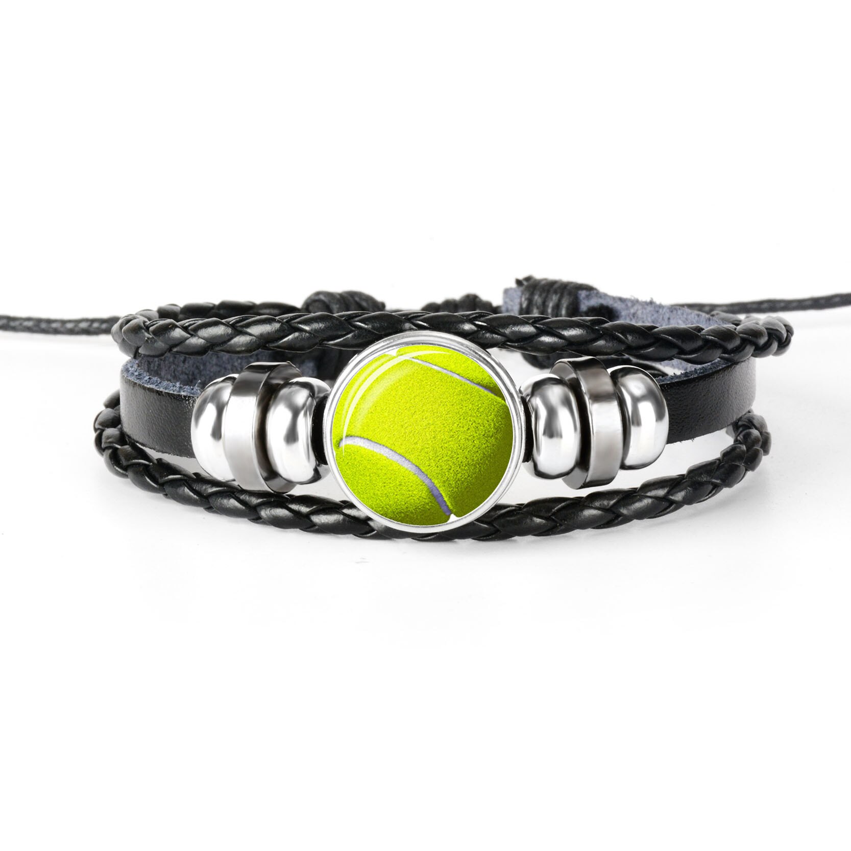 Pulsera deportiva de cuero de tejido negro para hombre, brazalete de foto de fútbol, béisbol, baloncesto, voleibol, pulsera cabujón cristal