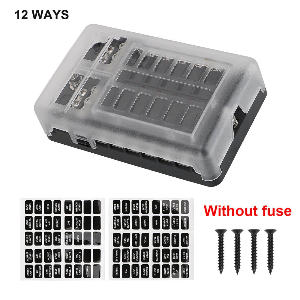 For Auto Car Marine Plastic Cover Fuse Box Holder 100A 32V 6 Ways 12 Ways Blade Fuse Block With LED Indicator Light M5 Stud: Dark Grey