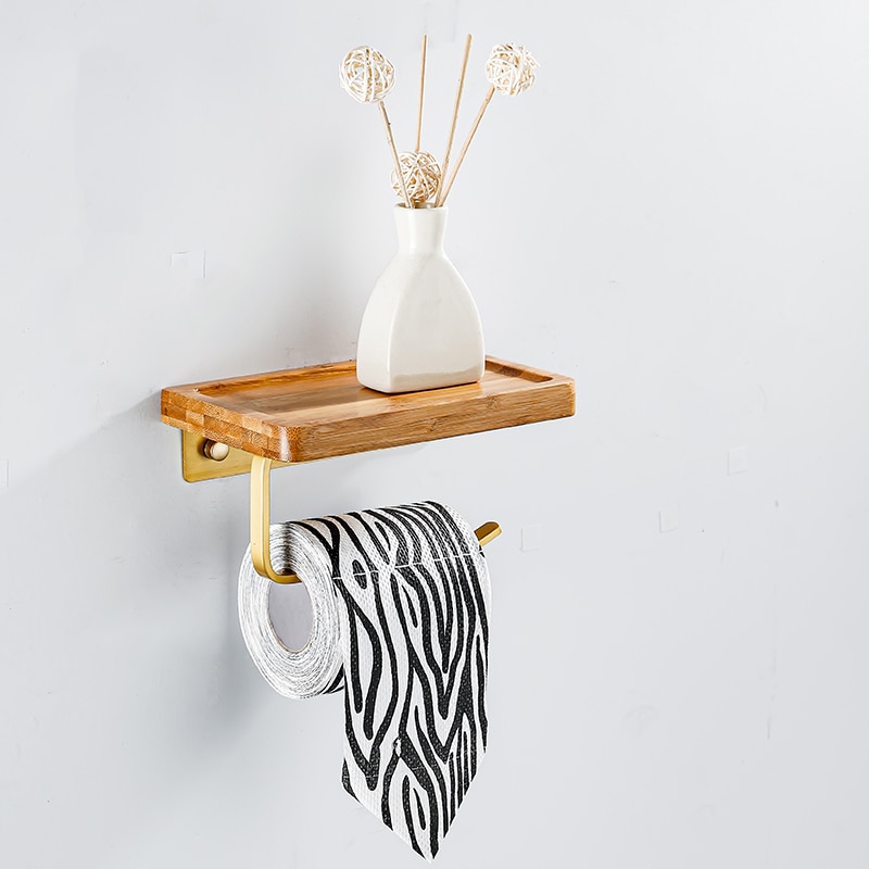 Bathroom paper holder bamboo with metal paper shelf toilet phone holder with paper holder wall paper rack