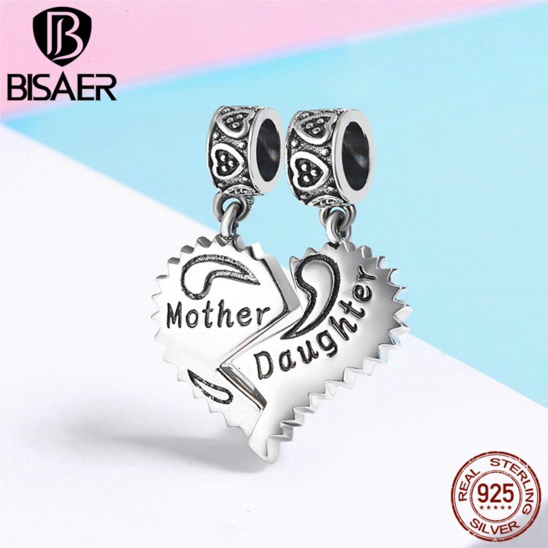 100% 925 Sterling Silver Unique Heart Pendant, Mother & Daughter Charms Fit BISAER Authentic Original Jewelry ECC427