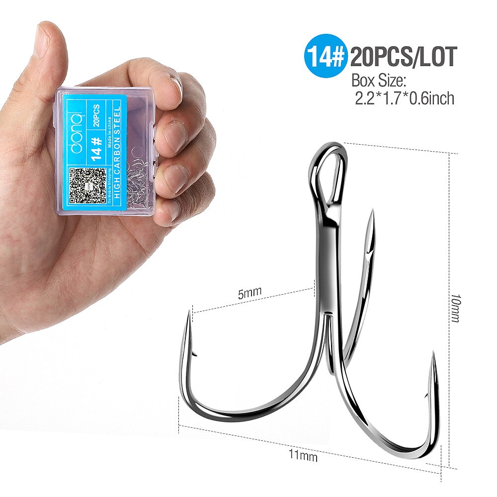 DONQL 20pcs/Box Treble Fishing Hooks Carbon Steel Barbed Fishhooks Set Triple Hooks Sea Fishing Tackle Accessories For Lures