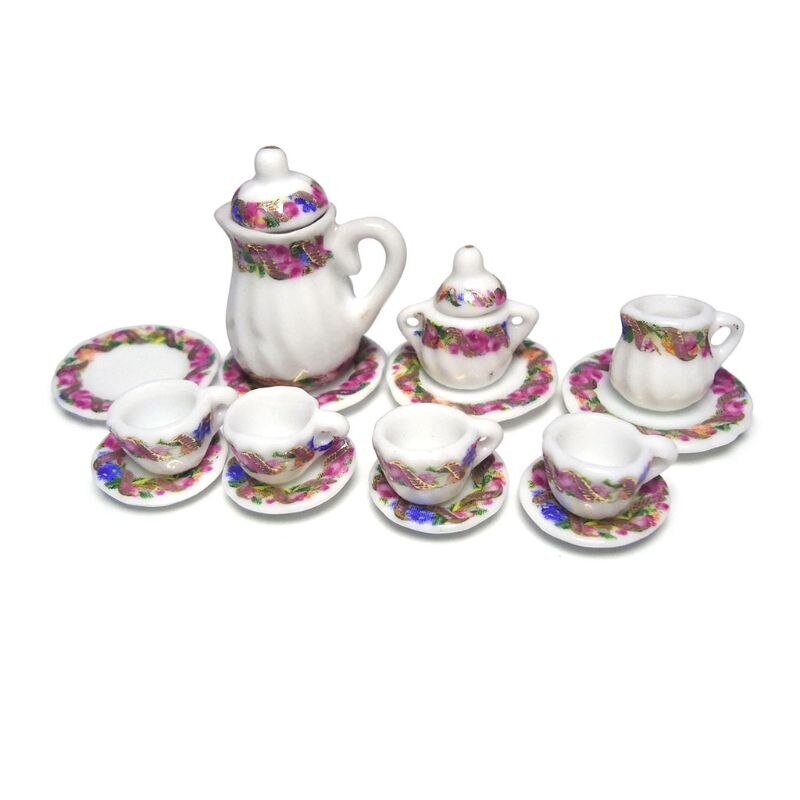1:12 Bilancia Casa di Bambola Da Tavola Mobili In Miniatura Viola Del Fiore Della Cina Bambole di Porcellana da Tè In Ceramica Set 24BE