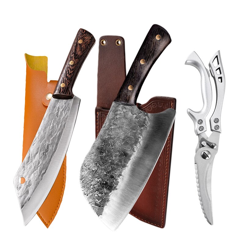 Chopping Knife Stainless Steel Full Tang Blade Wood Handle Sheath Cutting Slauughtering Meat Fish Boning Accessories Tools: 3PCS-3