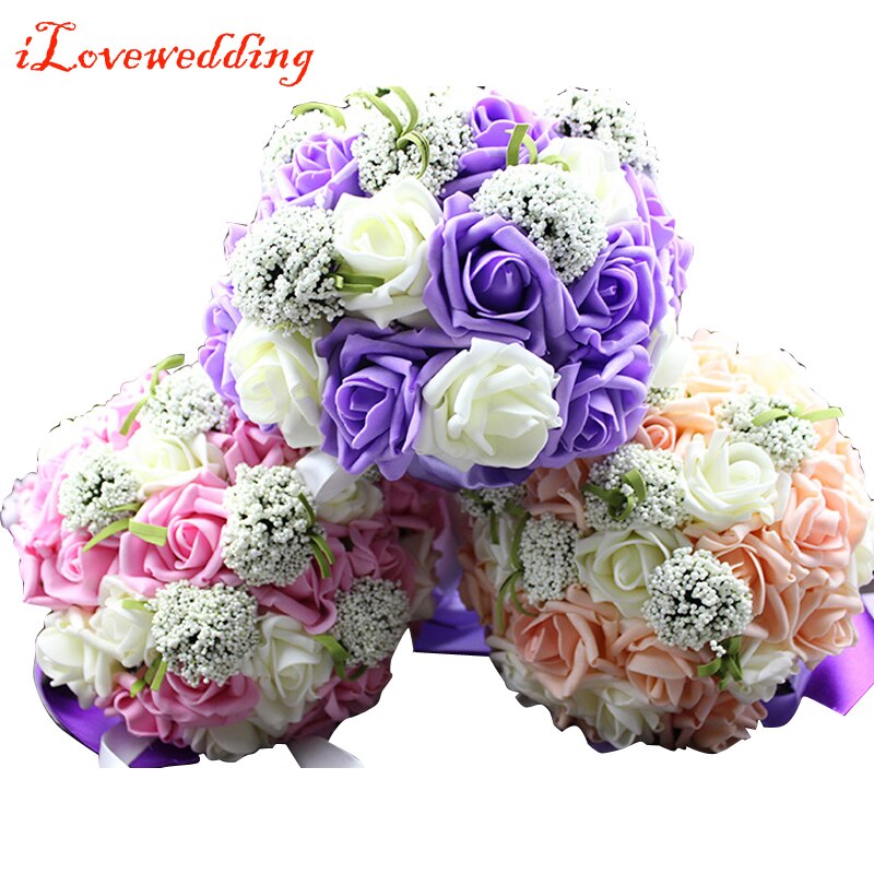 Ilovewedding brudebryllup buket buket bånd håndlavet 30 stk pe roser bryllup blomster brude buketter lilla
