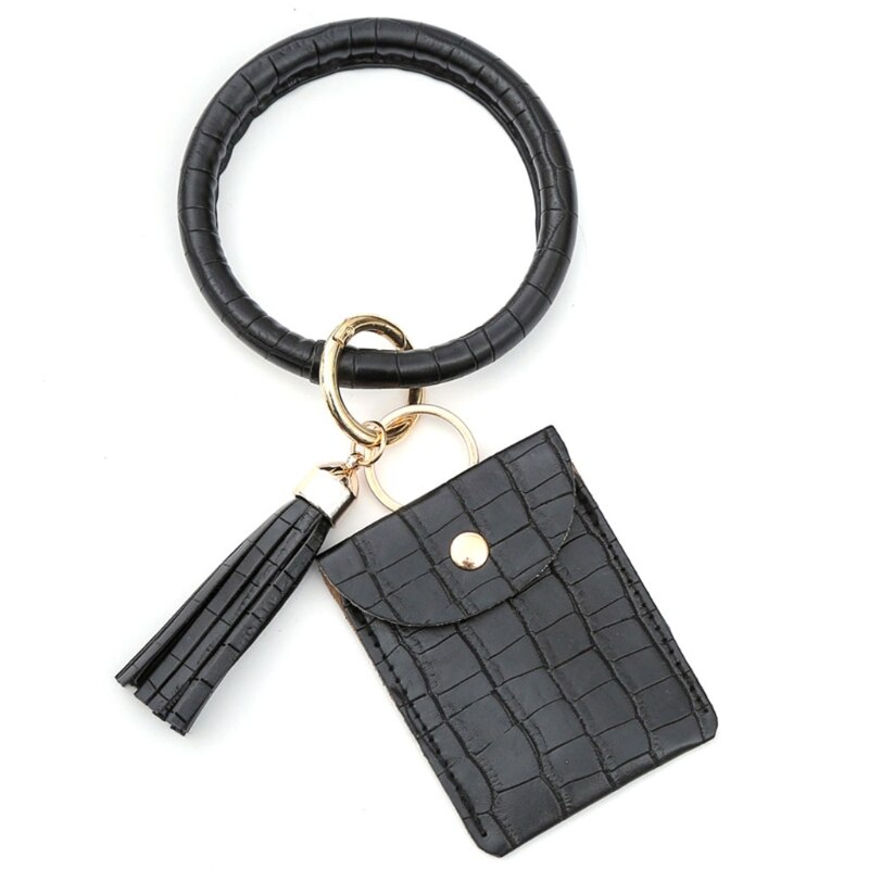 H3CB Sleutelhanger Armband Polsbandje Bangle Key Kaarthouder Grote Ronde Sleutelhanger Lederen Kwastje Voor Vrouwen Meisjes Met Portemonnee: Black