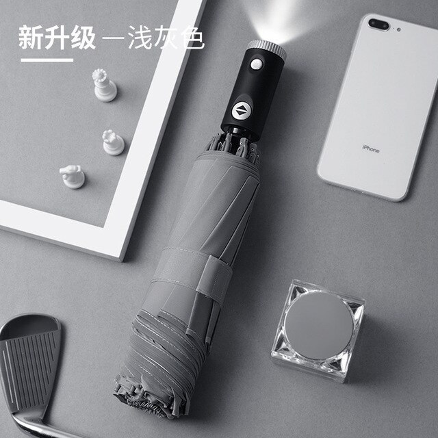 Windproof Double Layer Resistant Umbrella Fully Automatic Rain Men Women 10K Strong Luxury Business Male Large Umbrellas Parasol: LED gray