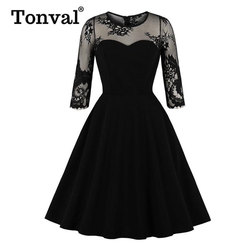 Tonval mesh pitsihiha kultaseni juhla syksy mekko naisten tasku puoli musta viiva naisten vintage swing mekot