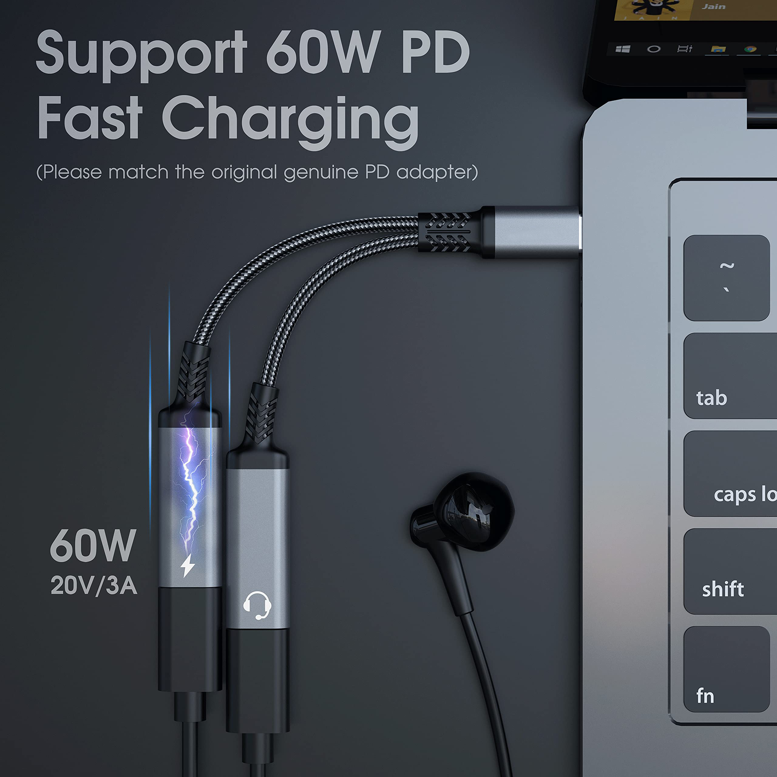 Rozdzielacz OTG 2 w 1 USB C na podwójne gniazdo słuchawkowe USB C Adapter audio PD 60W Szybka ładowarka do Samsung Huawei iPhone15 Xiaomi