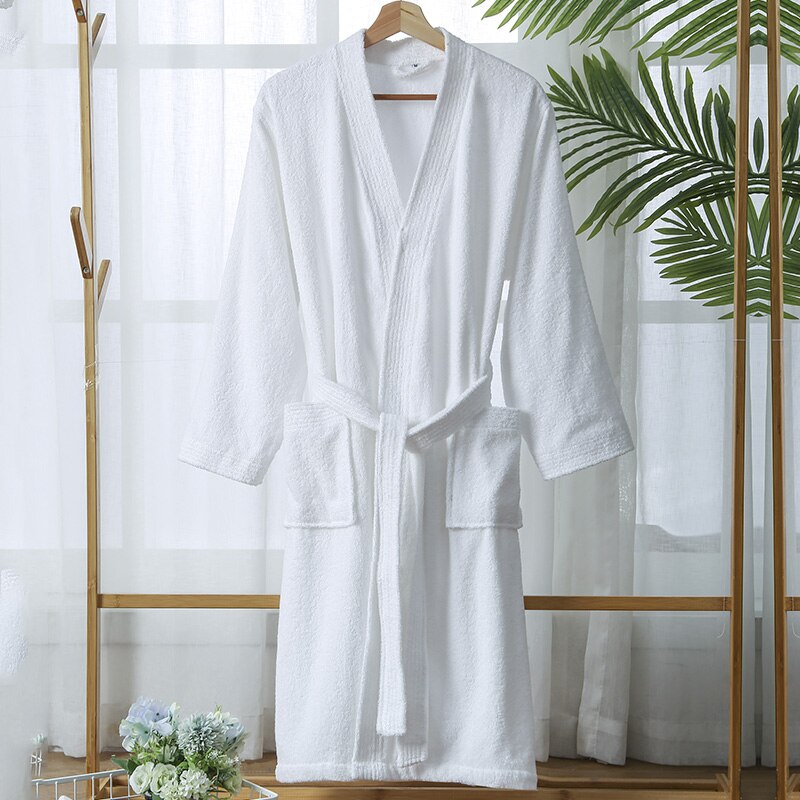 100% Cotton Bathrobe for Men Long Thick Absorbent Terry Bath Robe Kimono Men Towel Bathrobe Plus Sleepwear Women Dressing Gown: L / WHITE