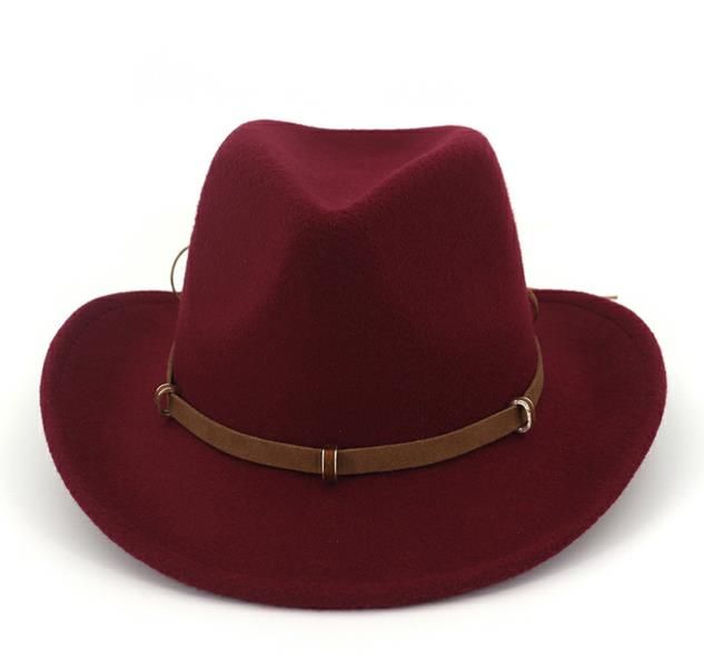Læder dekoreret vestlig cowboy hat uldfilt jazz fedora hatte brede kant panama formel top cap sombreros til mænd kvinder: Burgunder