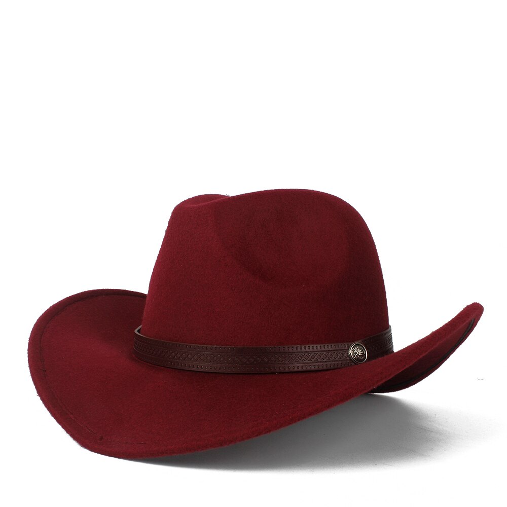 Women Men Wool Hollow Western Cowboy Hat Gentleman Outblack Sombrero Hombre Jazz Cap Size 56-58: Wine red
