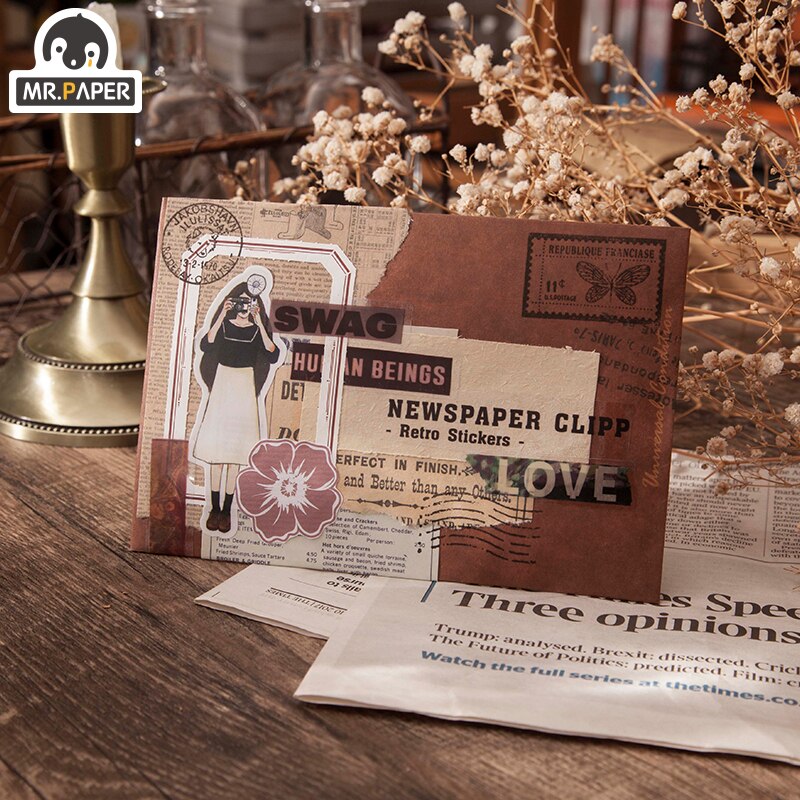 Mr. Paper 8 Designs Ins Wind Newspaper Clipping Serial Series Two-Material Stickers DIY Decorative Collage Material Stickers