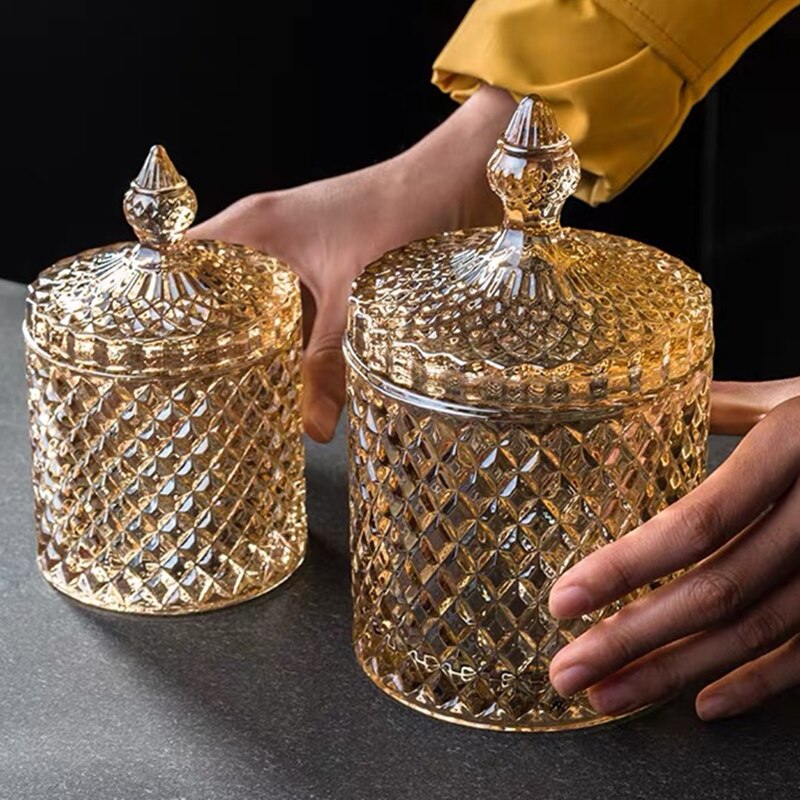 Color Crystal Glass Storage Jar Lids 600ML Candy Jar Glass Transparent Container Cookie Cotton Swab Box Cotton Household Storage